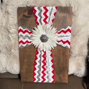 Wooden Cross with Red and Silver Chevron Fabric…Handmade